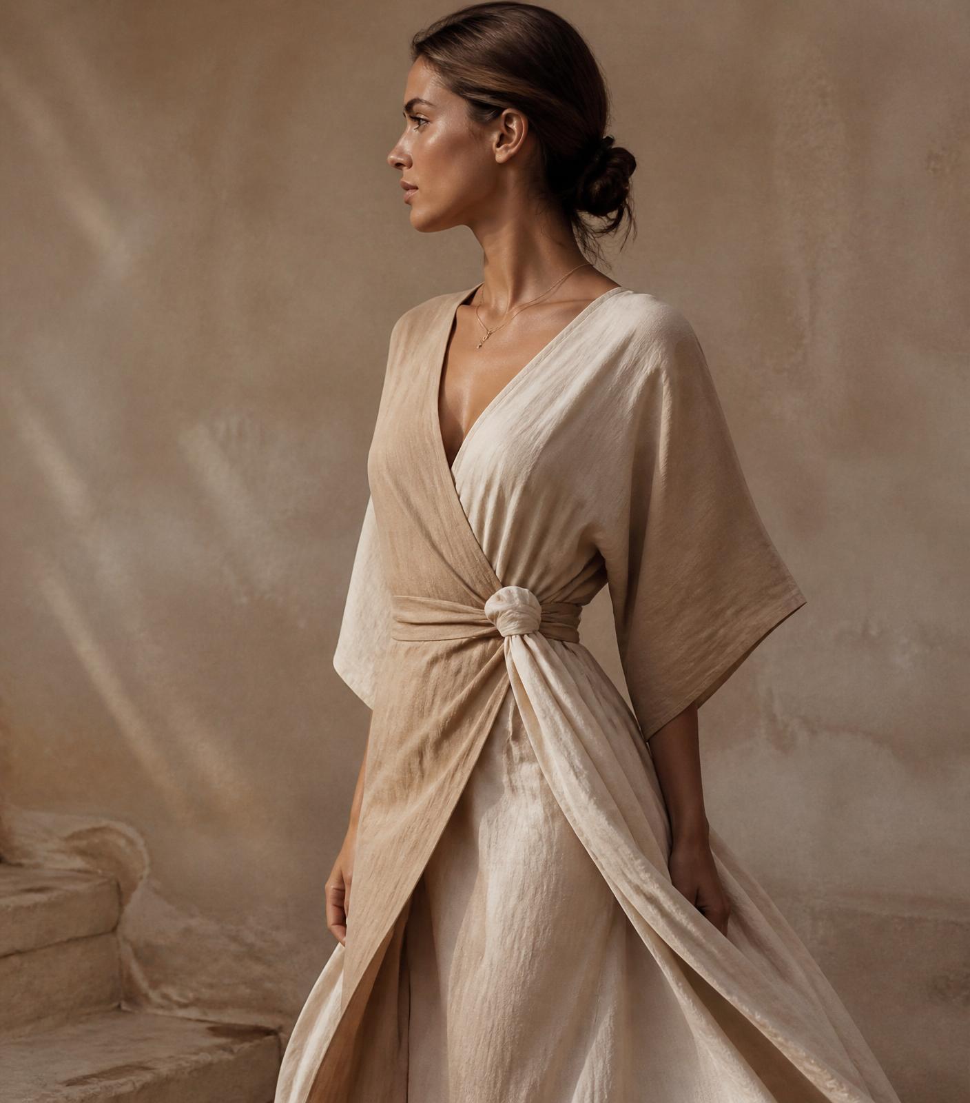 Model wearing a renewable linen wrap dress from Astra Fashion